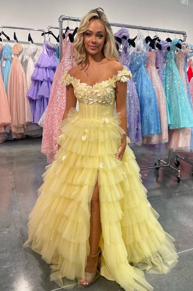 Yellow Off-the-Shoulder Floral Prom Dress with Slit