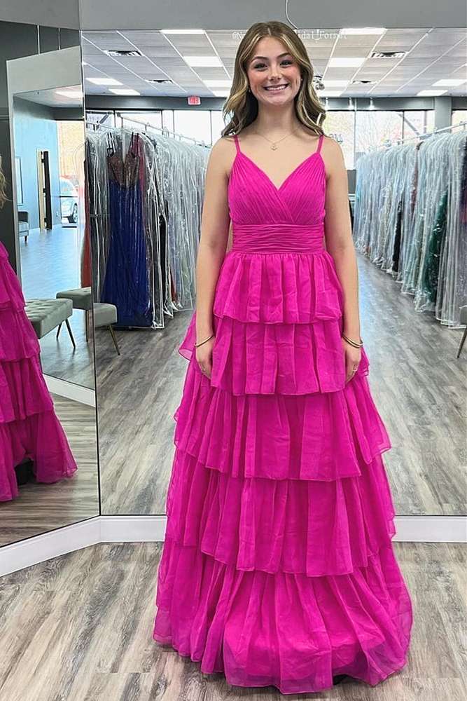 white christmas dresses Zapaka Women Fuchsia Bridesmaid Dress with Slit A Line Chiffon Long Wedding Guest Dress, Fuchsia / UK32 main image 1