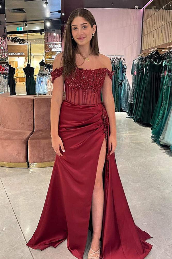 Elegant Emerald Green Off the-Shoulder Satin Dress with slit