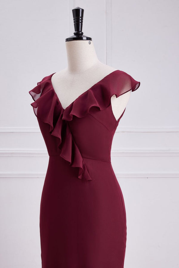 Wine Red V Neck Mermaid Skirt Ruffles Bridesmaid Dress