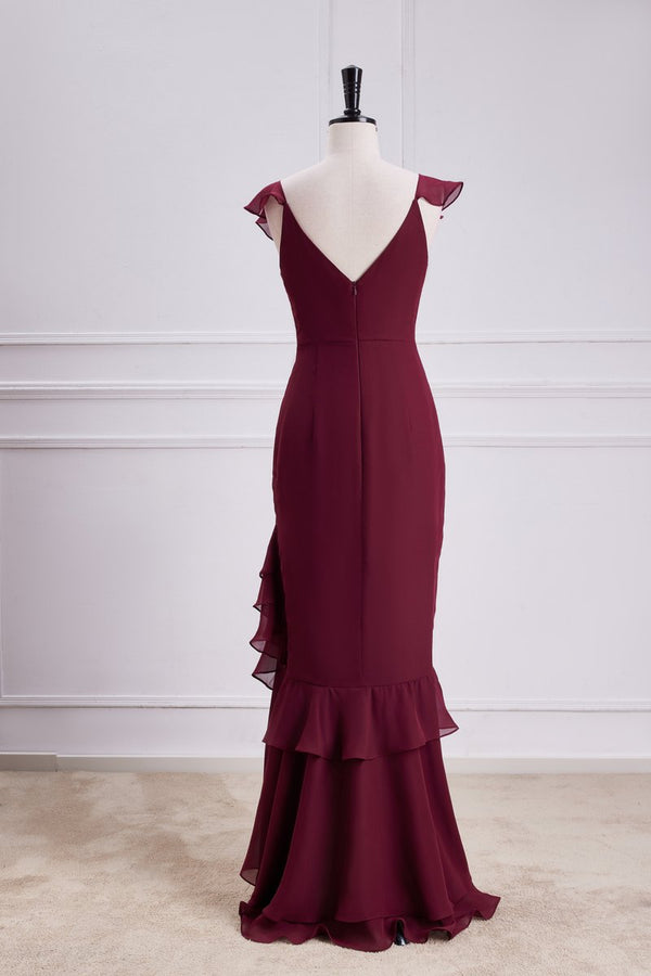 Wine Red V Neck Mermaid Skirt Ruffles Bridesmaid Dress