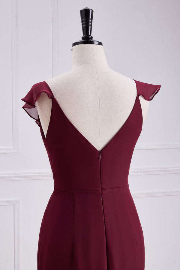 Wine Red V Neck Mermaid Skirt Ruffles Bridesmaid Dress