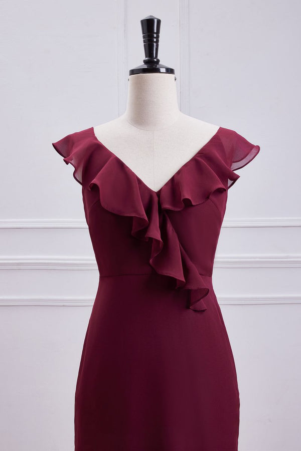 Wine Red V Neck Mermaid Skirt Ruffles Bridesmaid Dress