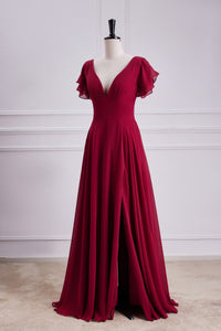 Red V Neck A Line Dress Chiffon Backless Bridesmaid Dress