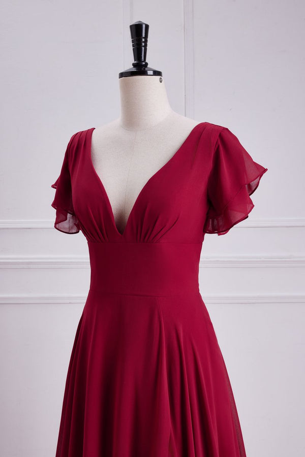 Red V Neck A Line Dress Chiffon Backless Bridesmaid Dress