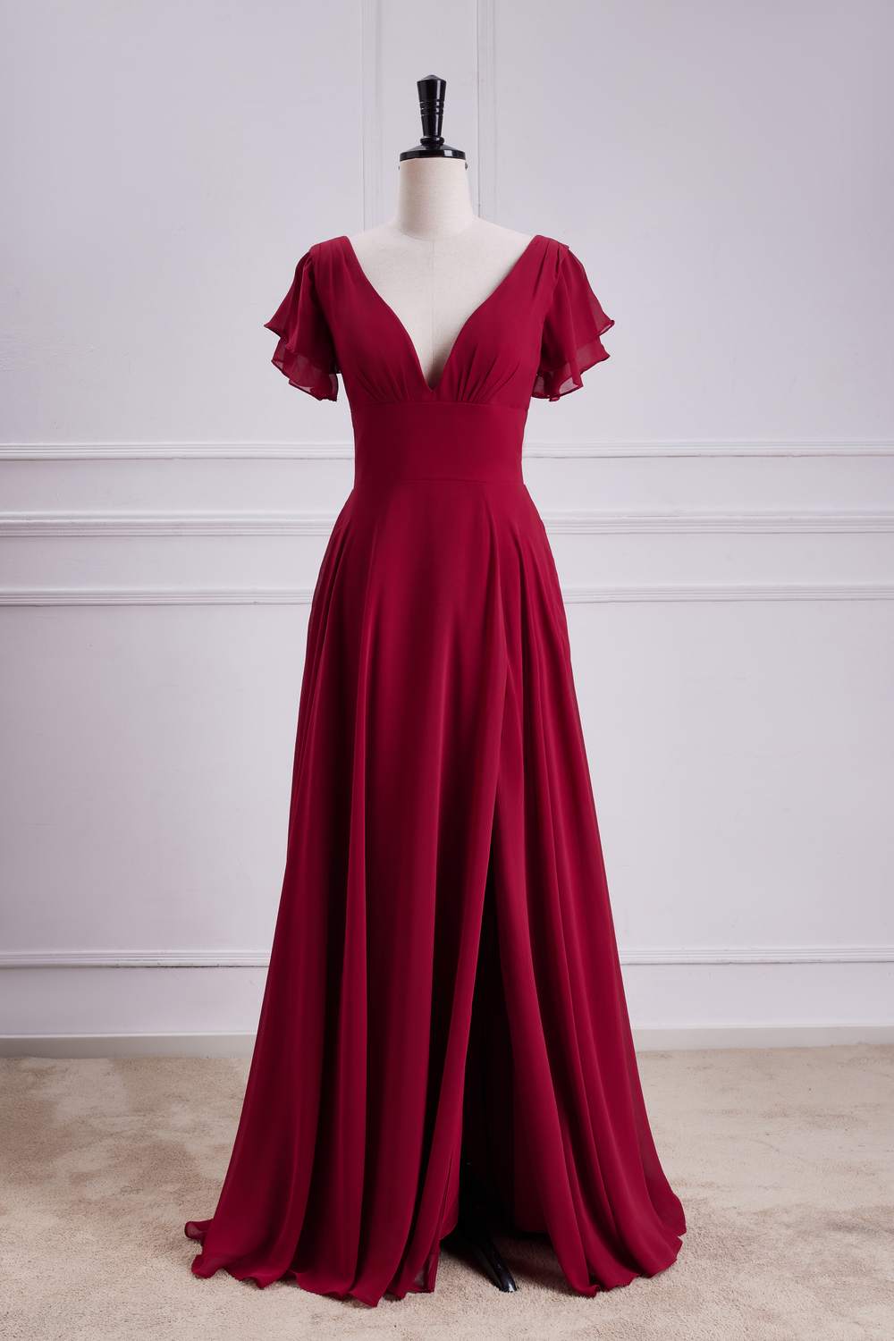 V-Neck Red Chiffon Bridesmaid Dress with Flutter Sleeves