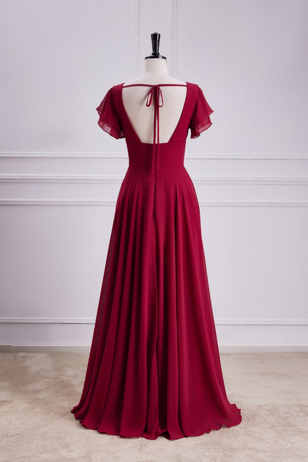 Red V Neck A Line Dress Chiffon Backless Bridesmaid Dress