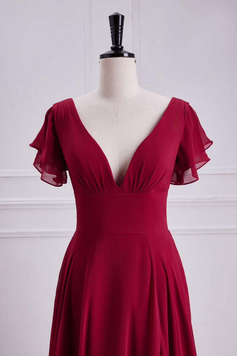 V-Neck Red Chiffon Bridesmaid Dress with Flutter Sleeves