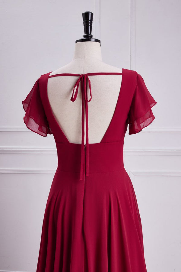 Red V Neck A Line Dress Chiffon Backless Bridesmaid Dress