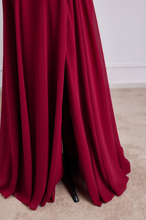 V-Neck Red Chiffon Bridesmaid Dress with Flutter Sleeves