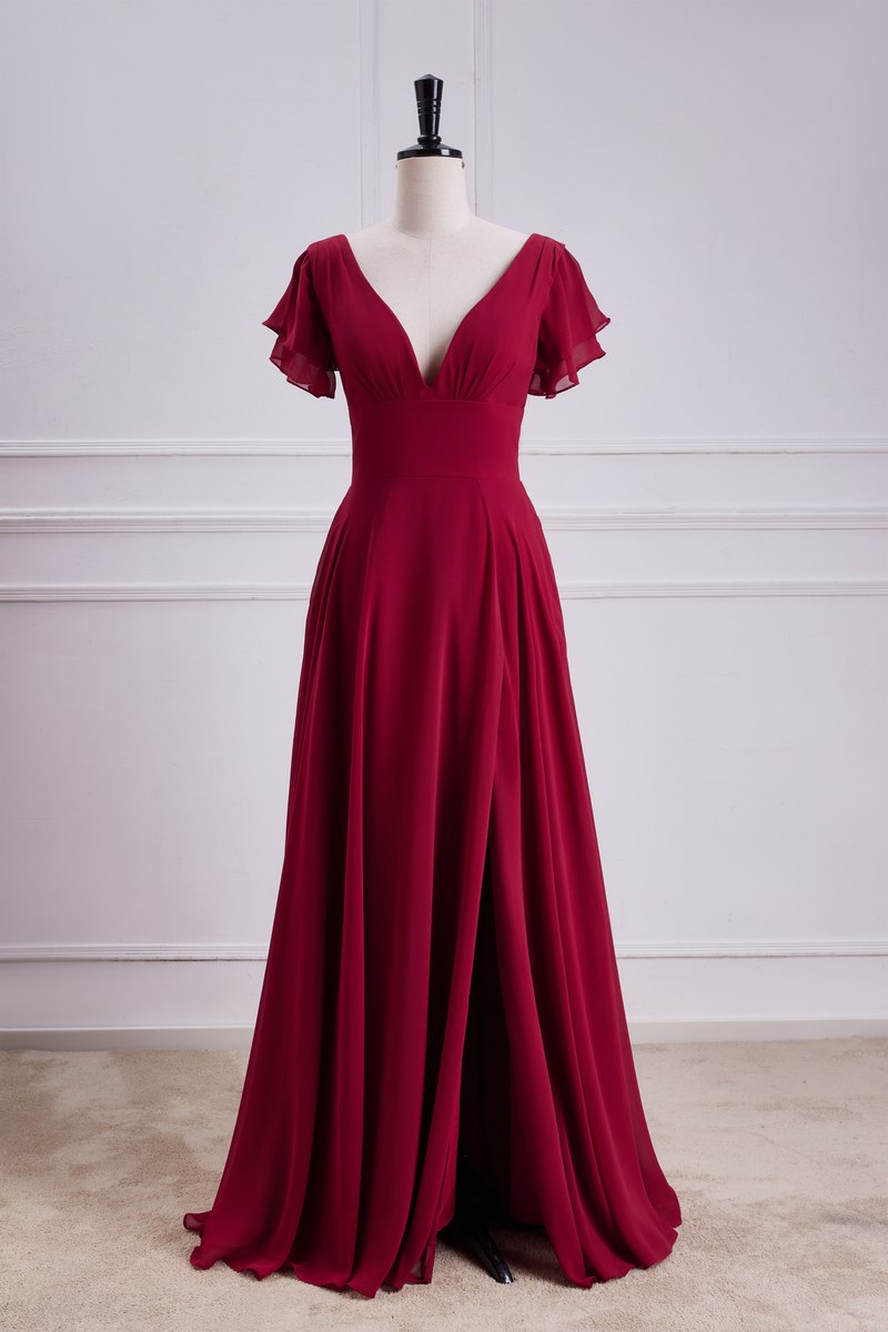 Red V Neck A Line Dress Chiffon Backless Bridesmaid Dress