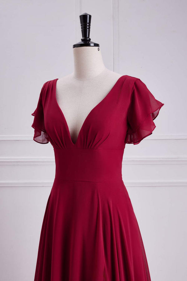 V-Neck Red Chiffon Bridesmaid Dress with Flutter Sleeves