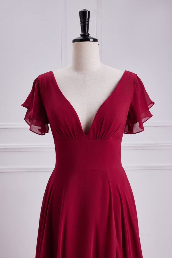 Red V Neck A Line Dress Chiffon Backless Bridesmaid Dress