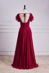 V-Neck Red Chiffon Bridesmaid Dress with Flutter Sleeves