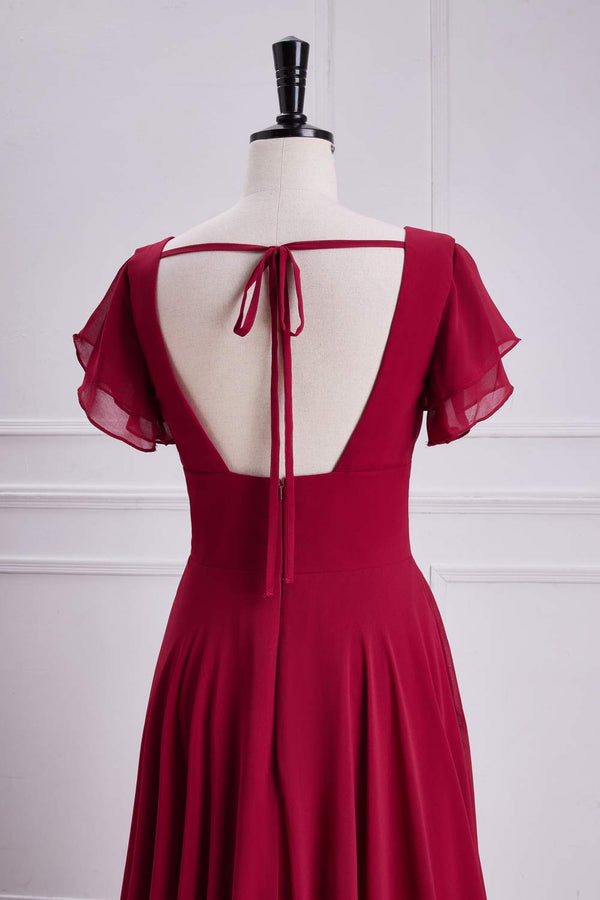 V-Neck Red Chiffon Bridesmaid Dress with Flutter Sleeves