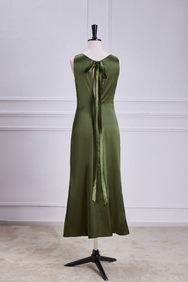 Olive Green Satin Jewel Mid-Calf Dress Homecoming Dress With Bow