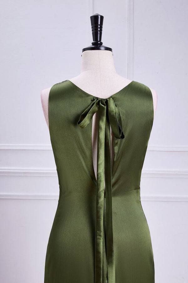 Olive Green Satin Jewel Mid-Calf Dress Homecoming Dress With Bow