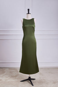 Olive Green Satin Jewel Mid-Calf Dress Homecoming Dress With Bow