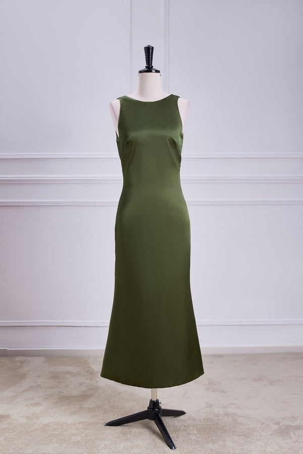 Olive Green Satin Jewel Mid-Calf Dress Homecoming Dress With Bow