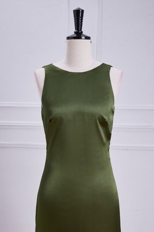 Olive Green Satin Jewel Mid-Calf Dress Homecoming Dress With Bow