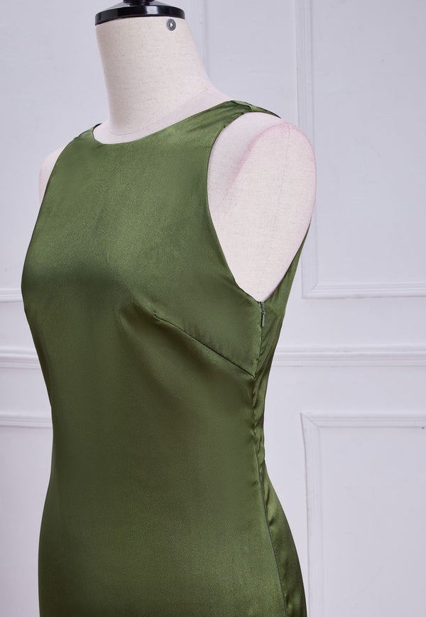 Olive Green Satin Jewel Mid-Calf Dress Homecoming Dress With Bow