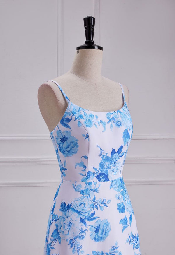 Blue Floral Print A Line Spaghetti Strap Dress Chiffon Prom Dress
