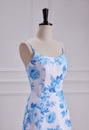 Blue Floral Print A Line Spaghetti Strap Dress Chiffon Prom Dress