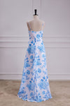 Blue Floral Print A Line Spaghetti Strap Dress Chiffon Prom Dress