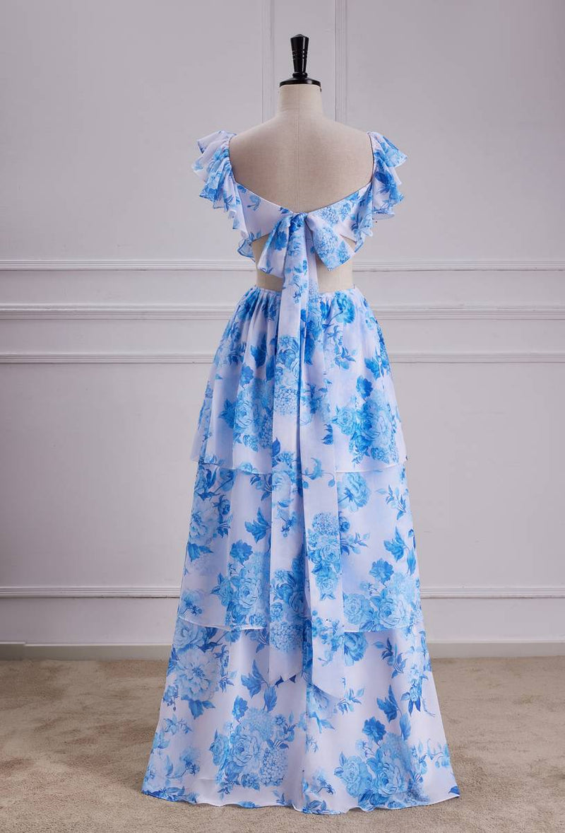Sweet Blue Floral Print A Line Backless Ruffles Prom Dress