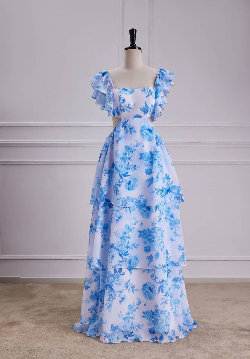 Sweet Blue Floral Print A Line Backless Ruffles Prom Dress