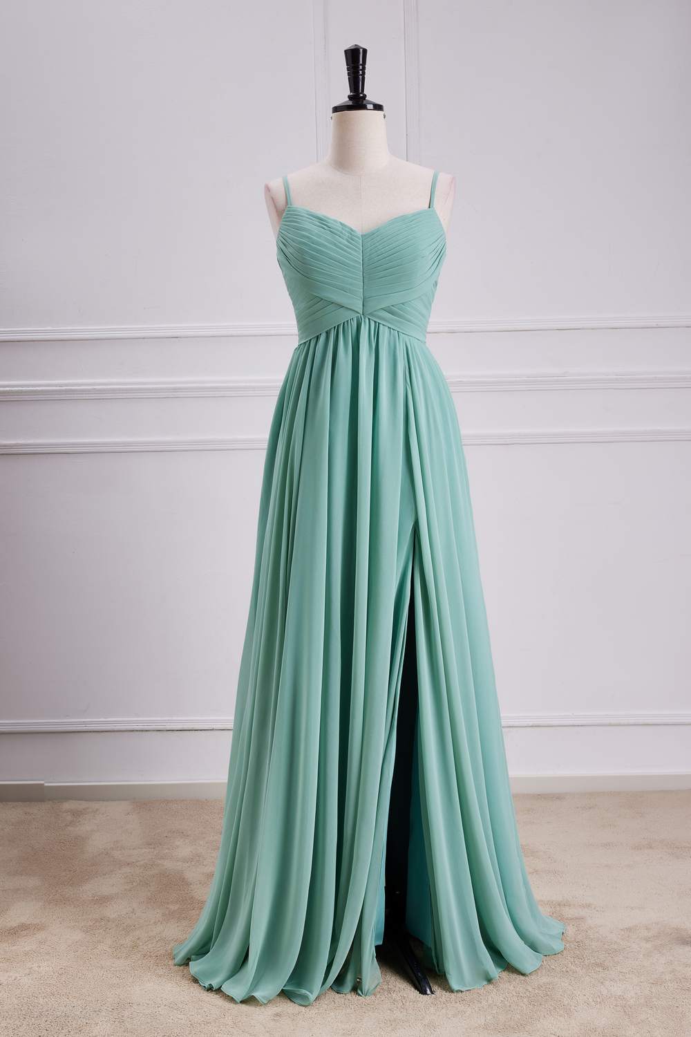 Straps Sage Chiffon Pleated Long Bridesmaid Dress