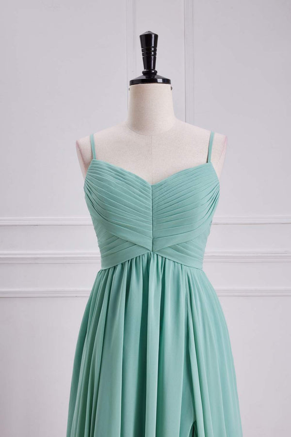 Straps Sage Chiffon Pleated Long Bridesmaid Dress