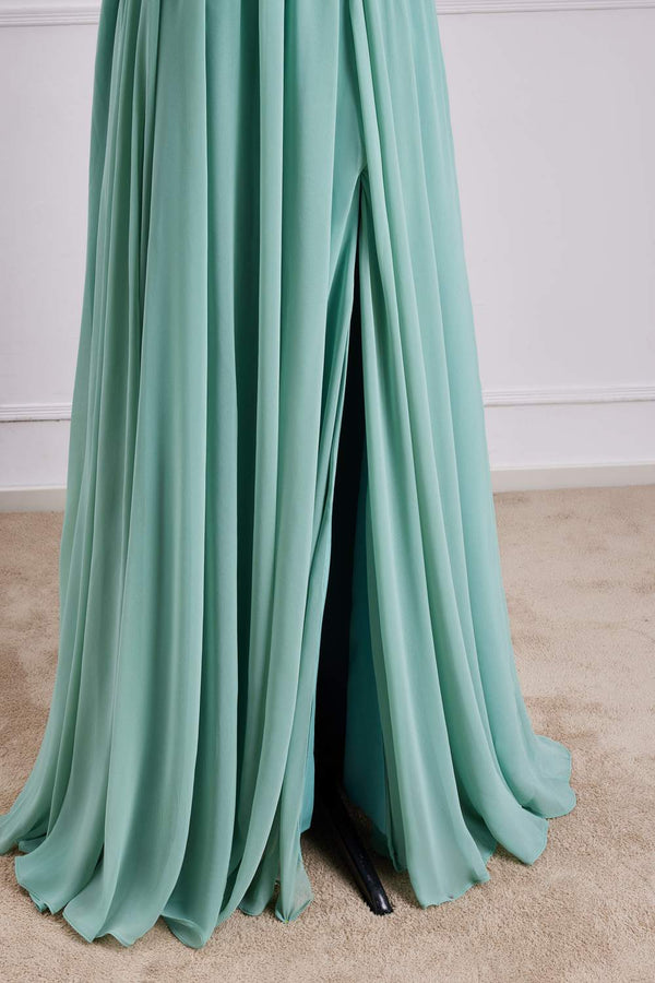 Straps Sage Chiffon Pleated Long Bridesmaid Dress