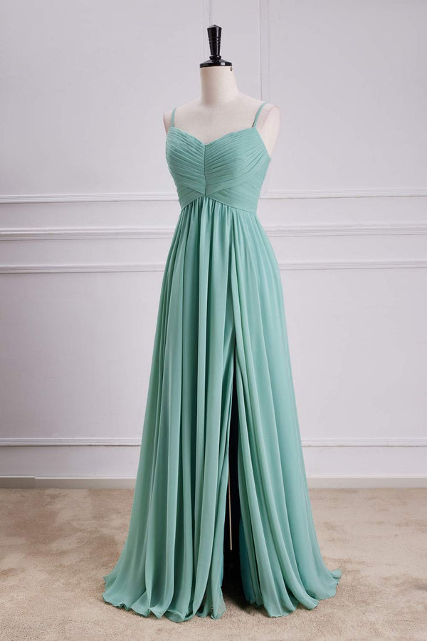 Straps Sage Chiffon Pleated Long Bridesmaid Dress
