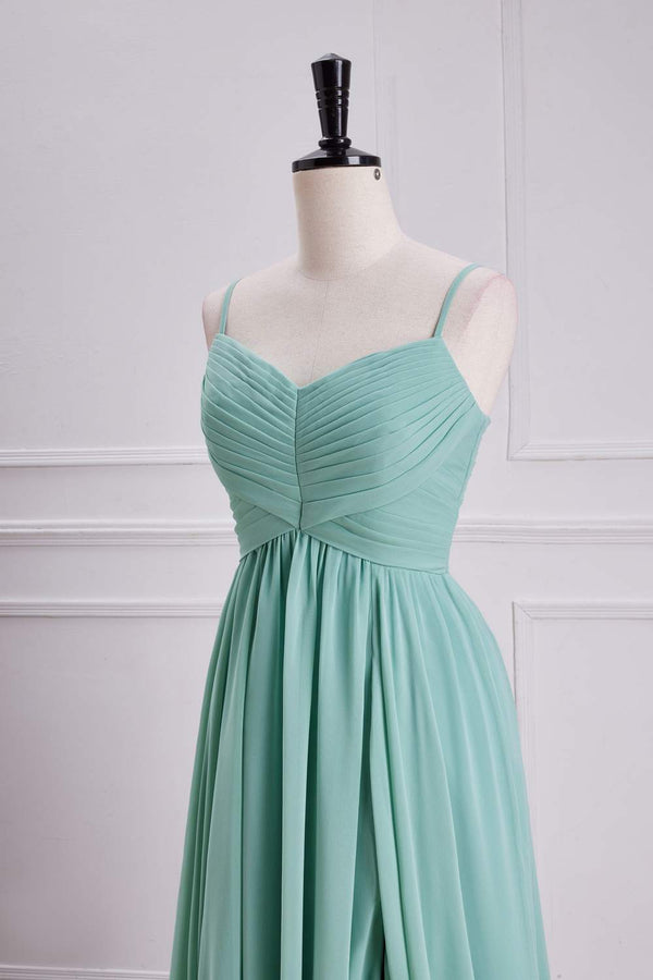 Straps Sage Chiffon Pleated Long Bridesmaid Dress