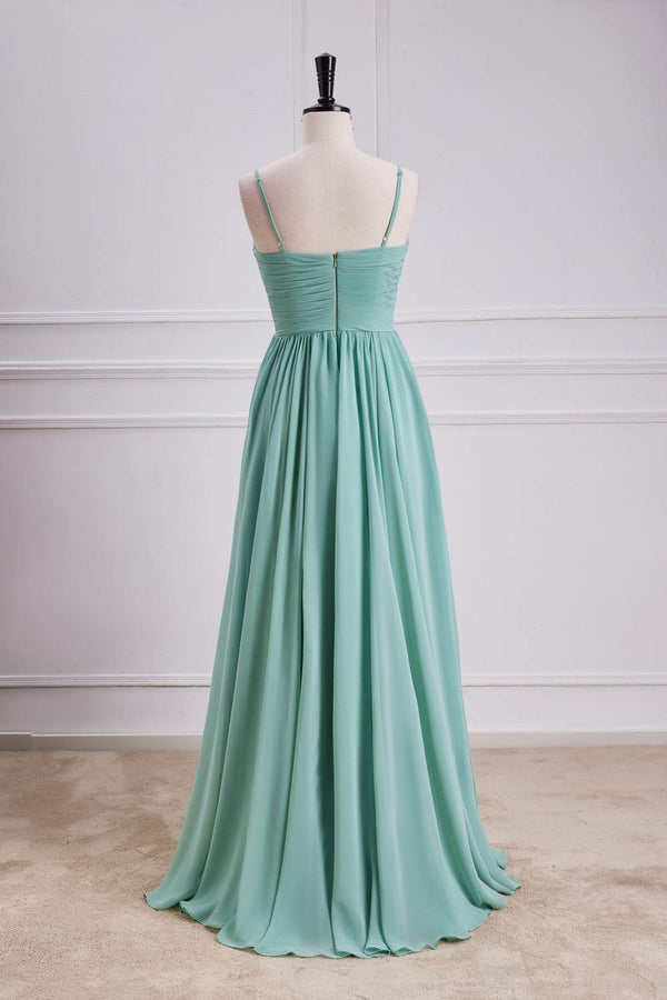 Straps Sage Chiffon Pleated Long Bridesmaid Dress