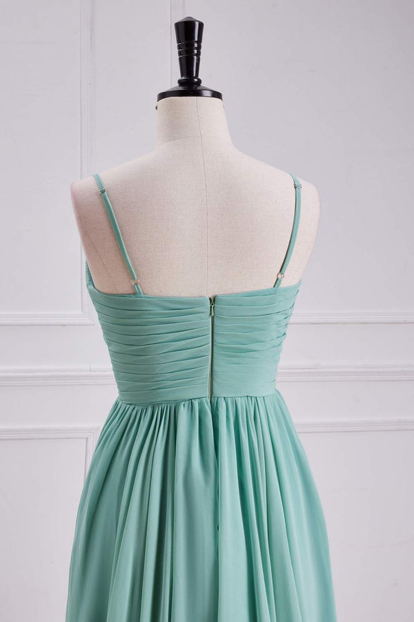 Straps Sage Chiffon Pleated Long Bridesmaid Dress