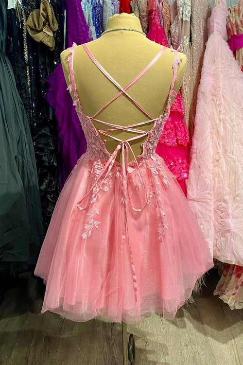 Straps Pink Sheer Corset Appliques Short Homecoming Dress