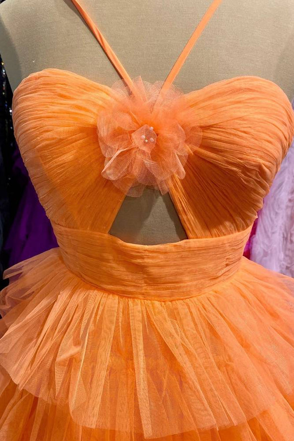 Orange Straps Keyhole Layered Tulle Homecoming Dress with Flower