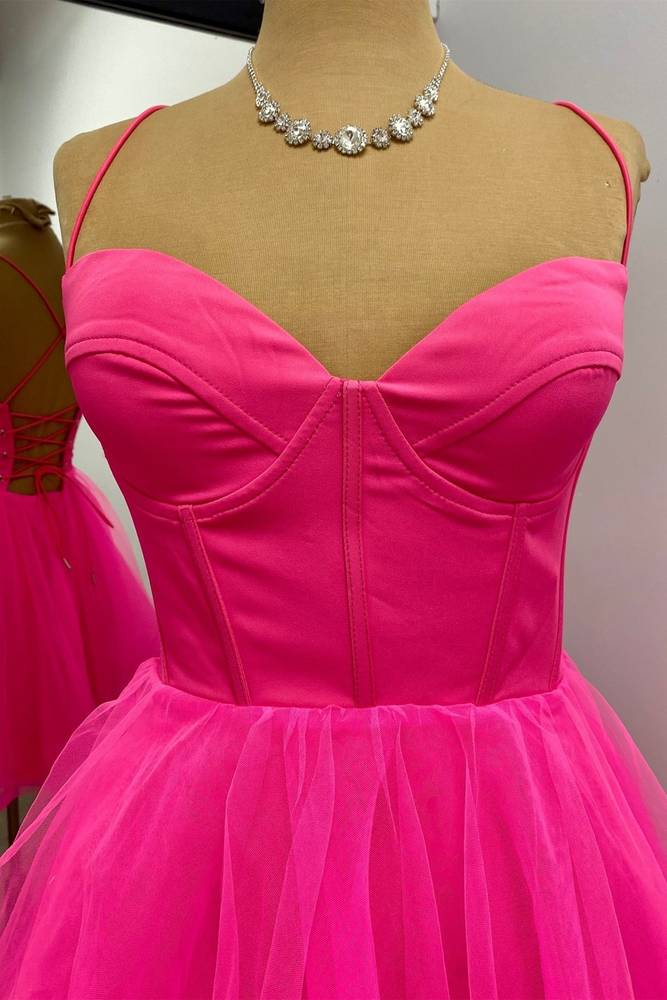 Straps Hot Pink Lace-Up A-Line Homecoming Dress