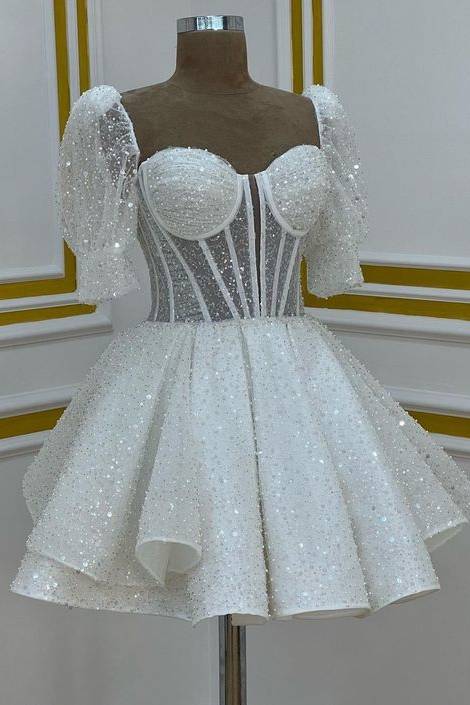Short White And Silver Dress Sweetheart White Sequin Short Homecoming Dress With Puff Sleeves Short White And Silver Dress Sweetheart White Sequin Short Homecoming Dress With Puff Sleeves