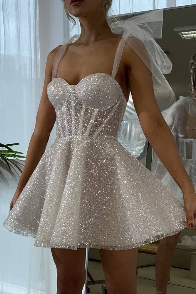 Tie Shoulder White Spraying A-Line Short Party Dress FancyVestido Tie Shoulder White Spraying A-Line Short Party Dress FancyVestido