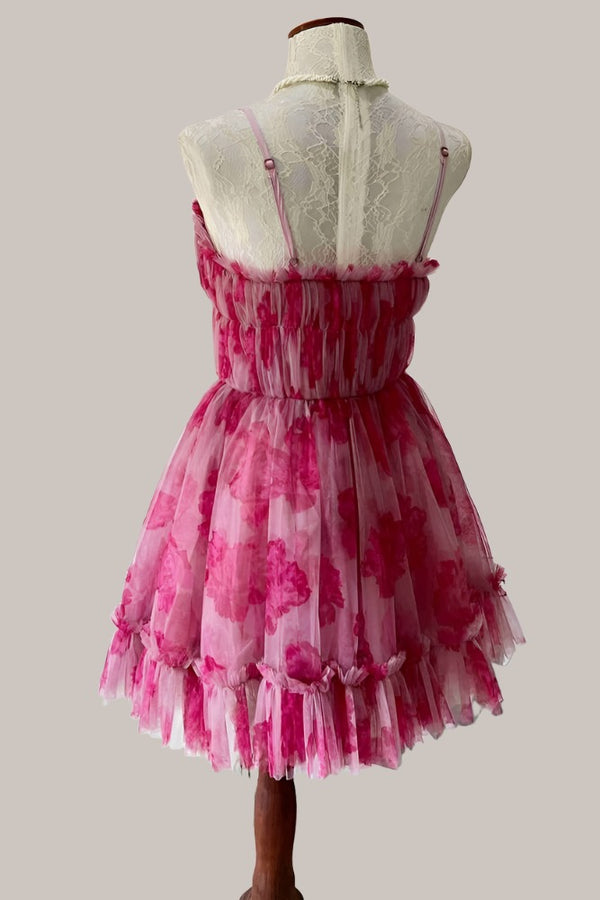 Hot Pink Straps Floral Print Short Homecoming Dress