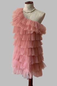 One Shoulder Layered Tulle Short Party Dress Front Side