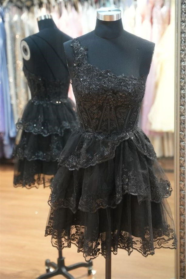 Black One Shoulder Appliques A-Line Ruffle Short Homecoming Dress