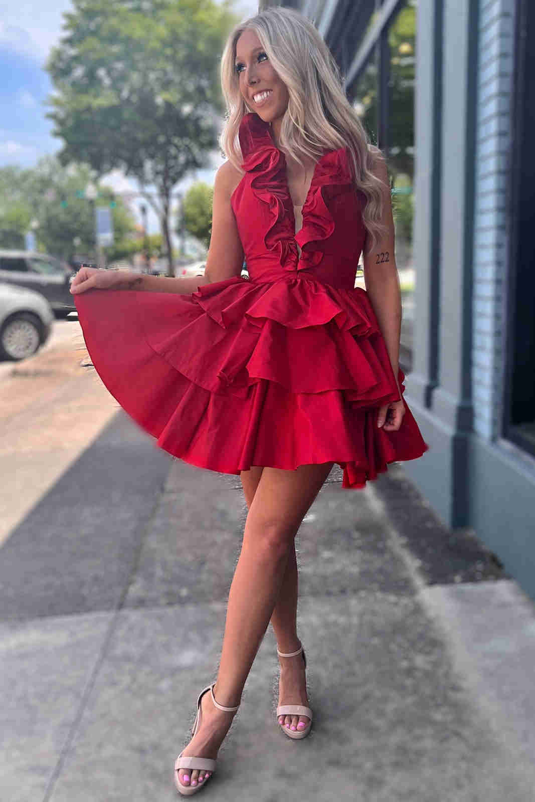 Red Halter Pleated A-Line Ruffle Homecoming Dress