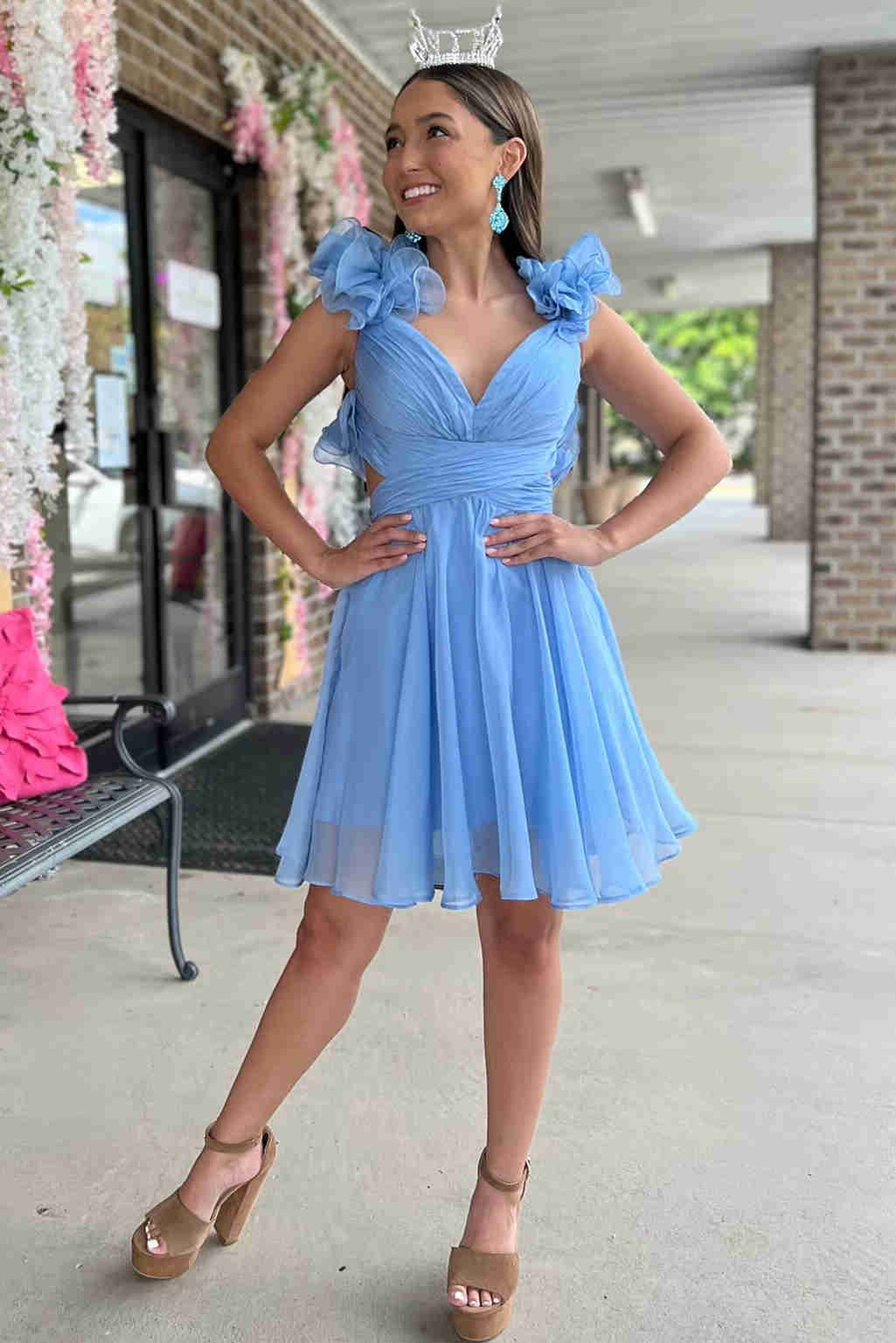 V-Neck Sky Blue Pleated A-Line Party Dress