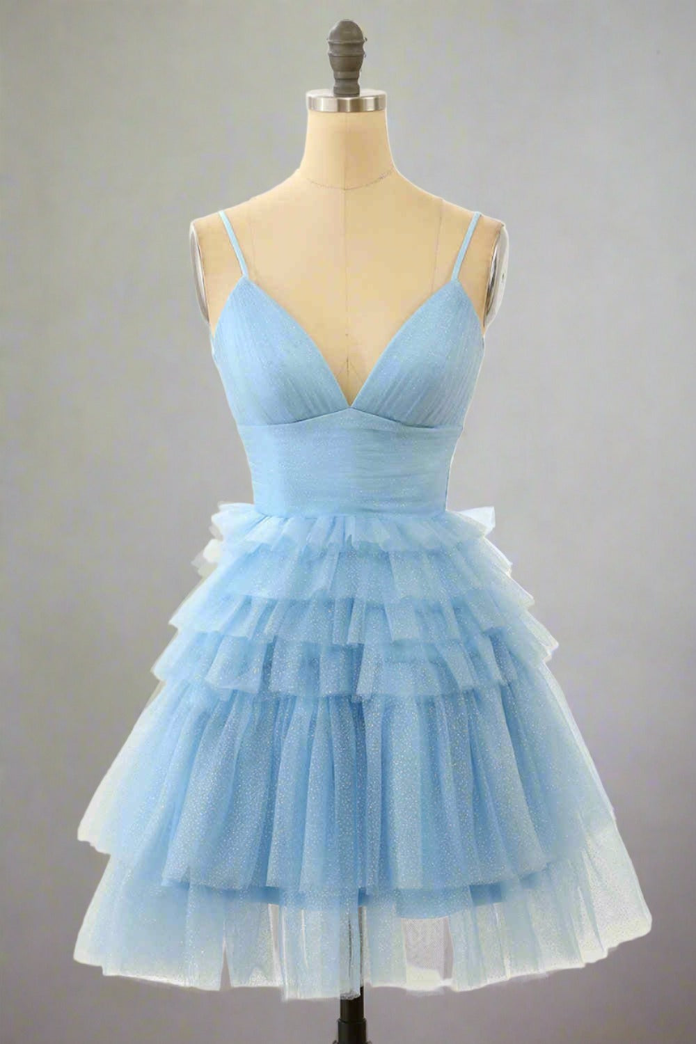 Straps Light Blue V-Neck Ruffle Homecoming Dress