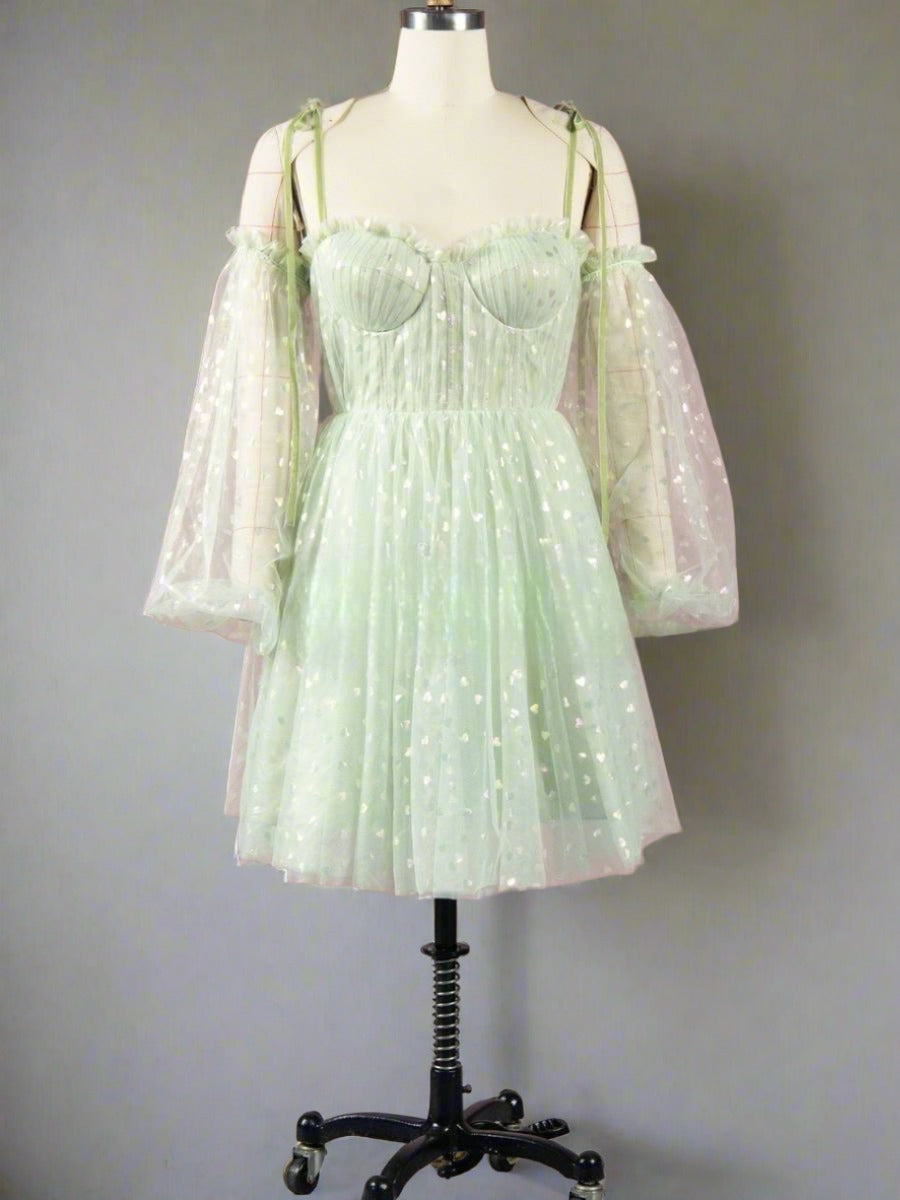 Sweetheart Mint Green Hearty Short Party Dress with Sleeves