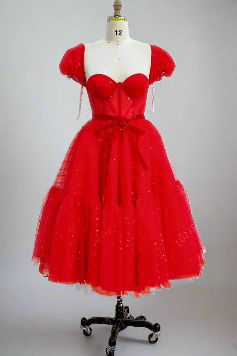 Sweetheart Red Balloon Sleeves Short Party Dress